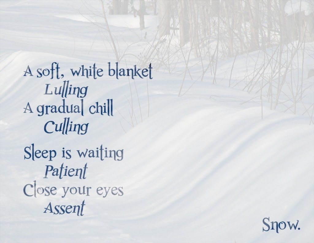 a poem about snow: A soft, white blanket, Lulling; A gradual chill, Culling. Sleep is waiting, Patient; Close your eyes, Assent. Snow.