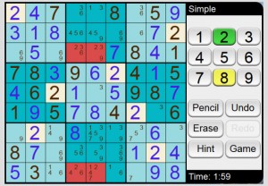 Sudoku on Web, Simple Level, Ocean Skin, Pencil hints filled in